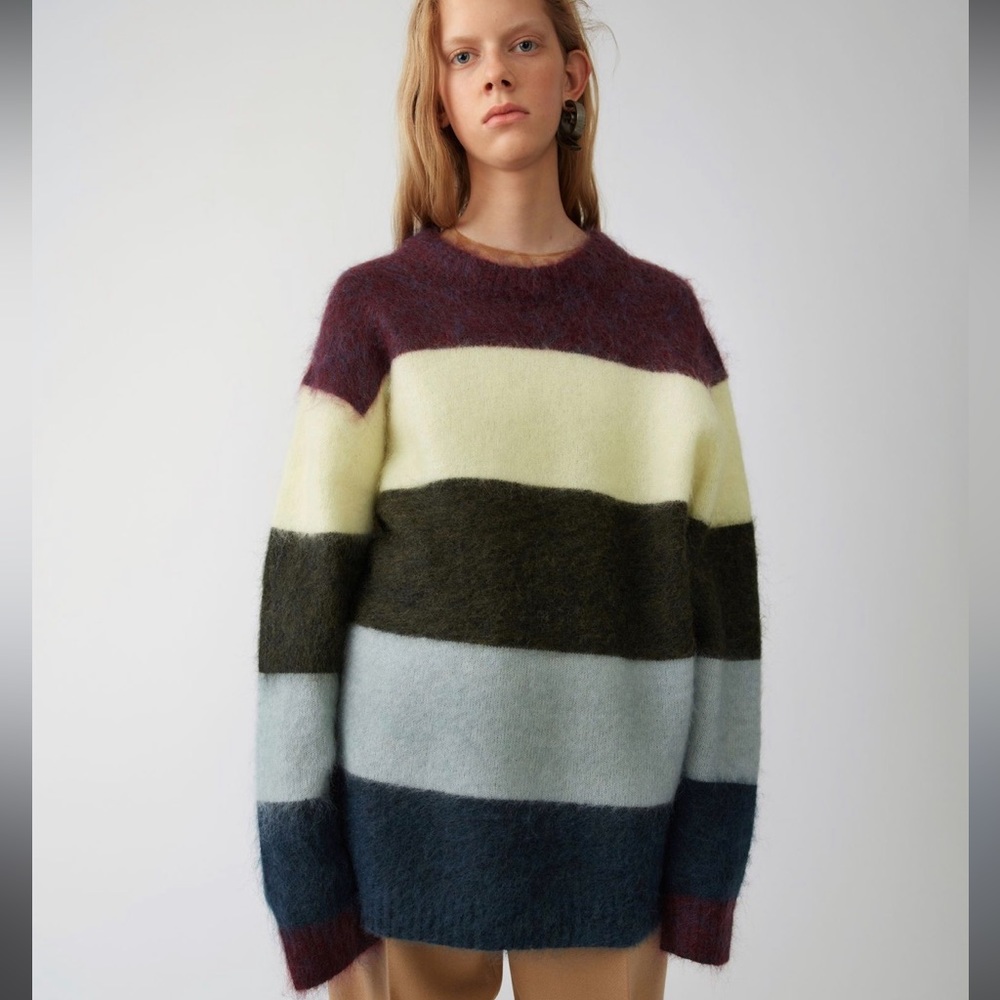 Acne Striped Crewneck Sweater in Burgundy, Yellow, Olive, Light Blue, Navy